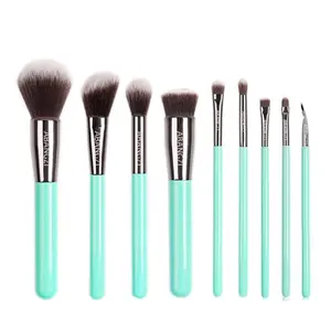 9 pieces Luxury Custom Blue Wooden Handle Brown Color Synthetic Hair Makeup Brush Set make-up brush custom label manufacturer