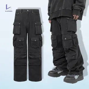 Huili-pantalones de pierna recta para hombre, pantalones cargo holgados, multibolsillo, negro, lavado vintage, de fábrica