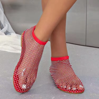 Mode cristal strass femmes maille Stretch diapositives résille dames grande taille chaussette sandales plat Bling Sexy maille sandales chaussures