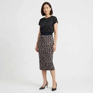 Falda Lápiz de Cintura Alta con Estampado de Leopardo para Mujer, Tejida, Larga hasta la Rodilla, Informal, Cálida para Invierno, Jacquard, Ligeramente Elástica - Product Image 1