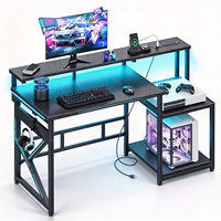 Bureau de jeu en forme de L avec éclairage LED, prises de courant et étagère de rangement, poste de travail informatique réversible en fibre de carbone