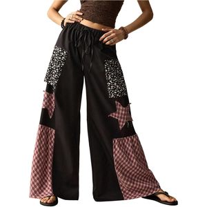 Pantalones Palazzo de Pierna Ancha para Mujer, Estilo Vintage, con Parches a Cuadros y Estrellas, Cintura Elástica, Corte Holgado, Transpirables - Product Image 1