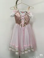 Robe de tutu de ballet jaune brodée de fleurs pour filles, manches bouffantes, dentelle, costume de danse de scène pour enfants, jupes de compétition de danse de ballet