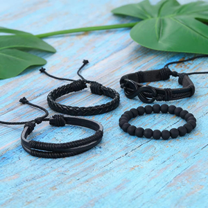 Vintage Unisex Women <b>Men</b> Black Bead PU Leather Bracelets Fashion Hollow Triangle Multi Layer Bracelet Tribal Wrap Jewelry - Product Image 4