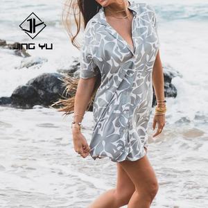 Vêtements de plage hawaïens d'été pour femmes, chemise-robe boutonnée en rayonne, longueur genou, vente chaude, fabricant - Product Image 1