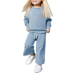 Fabriek Unisex Kids Baby Terry Fall Set Mock Hals Pullover Top Set Wijde Pijpen Elastische Taille Trekkoord Broek Lente Outfits