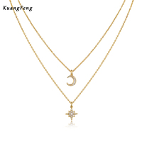 Collier en argent sterling à double couche 15244 Dainty Crescent Star Moon Shaped Pendant Moissanite Colliers