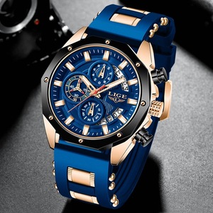Montre de sport chronographe avec mouvement Miyota à quartz pour homme, bracelet en silicone bleu, 45 mm, étanche 10 bars - Product Image 5