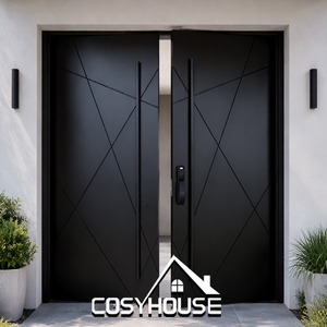 Modern Black Aluminum Double Front Entry Door with Smart Lock Minimalist Geometric Design Exterior Security Door - Product Image 1