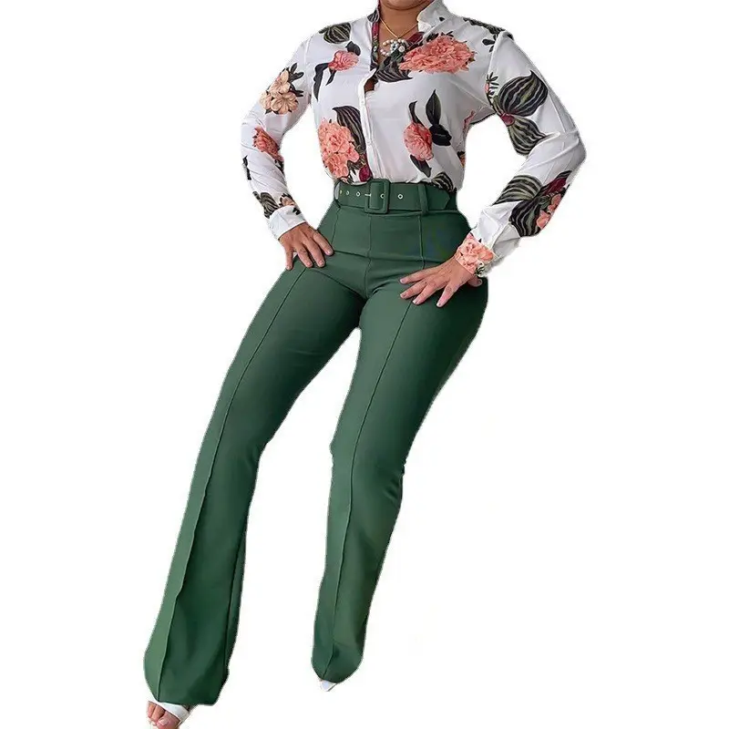 Fashion High Quality Elegant Outfit Casual Wide Leg Pants and Print T Shirt Lady Office Formal Two Piece Set