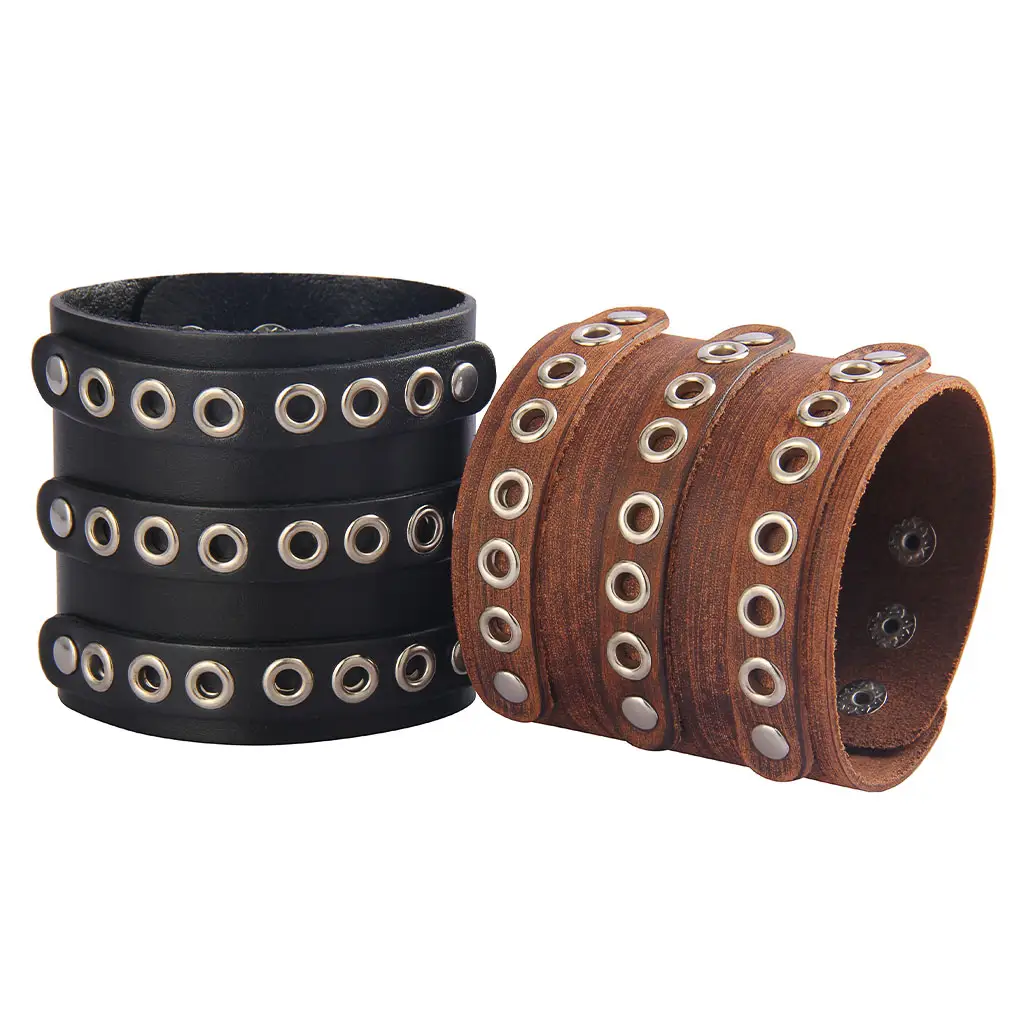 Punk Adjustable Metal Rivet Studded Head Letters Charm Mens Leather Cuff Bangle Bracelet