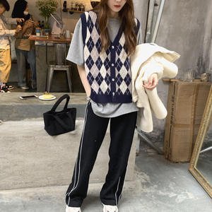 Chaleco de Punto Acrílico/Poliéster con Patrón de Diamantes Otoñales, Cuello en V con Botones, Estilo Preppy, Cárdigan para <span class=keywords><strong>Mujer</strong></span> - Product Image 3