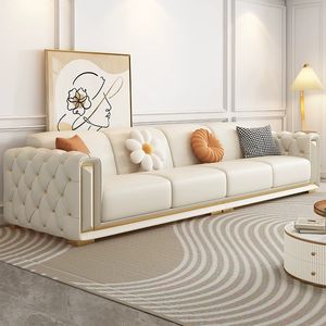 Juego de Sofás Seccionales de Lujo Ligero de Calidad con Patas Doradas, Sofá Moderno Capitonado en Crema de 1, 2 y 3 Plazas en Piel Blanca para Sala de Estar - Product Image 5