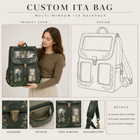 Sac à dos Ita Bag personnalisé vert forêt avec broderie végétale, fenêtre multi-PVC, en cuir PU, fabrication d'échantillons OEM ODM