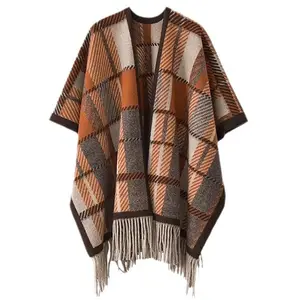 Gestreifter karierter Umhang mit Fransen gestrickter großer Schal Herbst Winter Plaid umhang Eleganter warmer Poncho