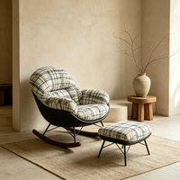 Fauteuil à bascule Japandi moderne avec ottoman, tissu écossais noir et blanc, fauteuil cocon pivotant, chaise longue haute