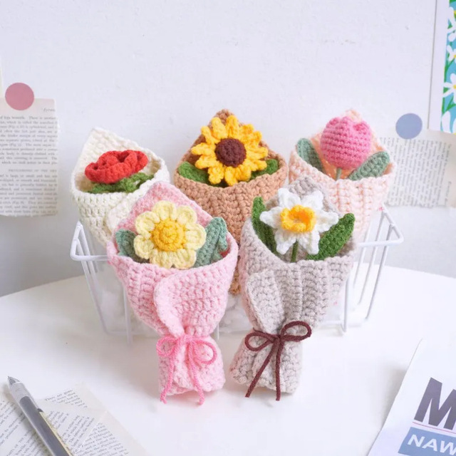 Handmade Fashion Wool Knitted Sunflower Flower Bouquet Keychain Car Accessory & Handbag Pendant Gift with Decorative Features