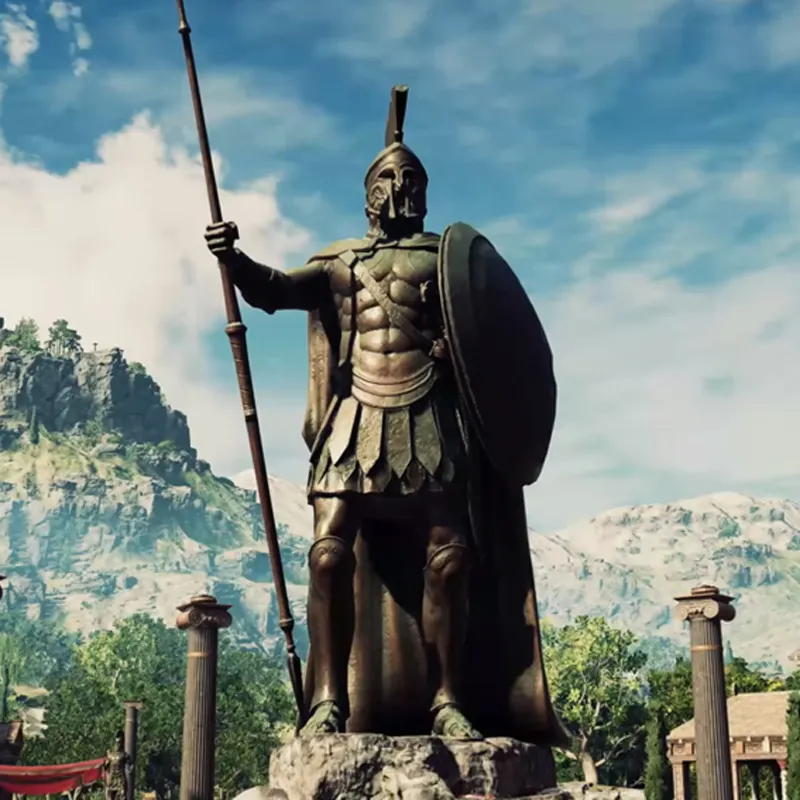 손 새겨진 실물 크기 청동 금속 갑옷 기사 로마 군인 전사 방패 동상 야외