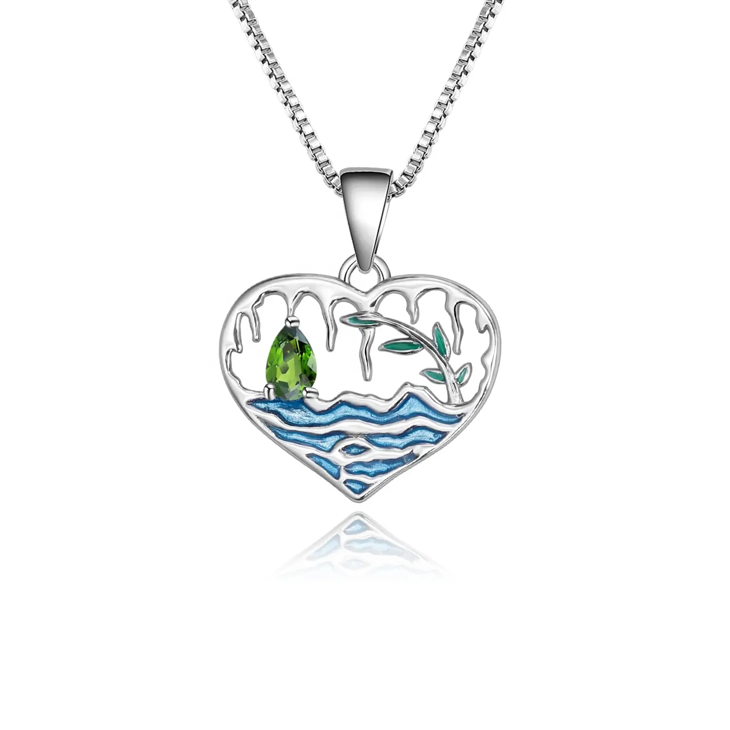 OEM ODM New Design Fashion 925 Sterling Silver Pendant Chrome Diopside Gemstone Sea and Tree Paint Heart Shape Pendant