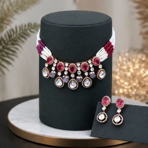 Stylish 925 <b>Silver</b> Necklace and Earrings Set with Pink and White Beads Elegant Indian Bridal Jewelry for Women - Product Image 2