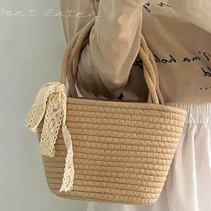 Cotton Woven Tote <b>Bag</b> Beige Lace Ribbon Bohemian Style <b>Summer</b> Beach <b>Bag</b> Everyday Use - Product Image 3