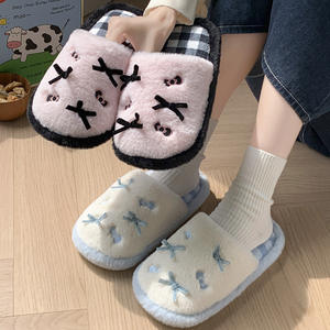 <b>Fluffy</b> Bow-Knot Open <b>Slippers</b> for Women <b>Pink</b> Color Blocking Lined Warm Indoor Home Wear Autumn Winter Non Slip EVA Upper Soft - Product Image 4