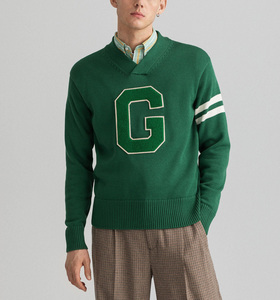 Custom College Letter cuello en V Jacquard Knit <span class=keywords><strong>Club</strong></span> <span class=keywords><strong>Polo</strong></span> suéter de punto de invierno cálido de los hombres suéter de punto para los hombres - Product Image 1