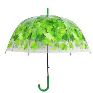 Auto Open Leaf Printing Großhandel Transparent Clear Dome Straight Umbrella Kunststoff POE Umbrella