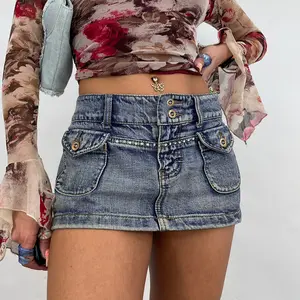 2023 Fashion Women Mini Short Jeans Sexy Babes Rave Slant Pocket