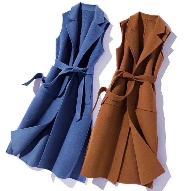 Fashion 2022 Autumn Coat Women Pocket Plus Size Long Coats Handmade Double-sided Vest Fashion Woolen Cardigan with Belt