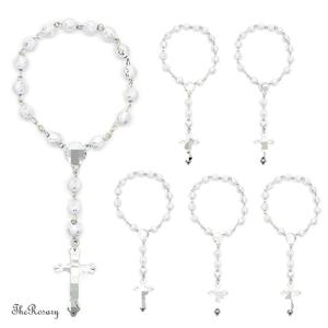 Bracelet chapelet imitation perles, croix en or blanc, bijoux unisexe, cadeau pour baptême - Product Image 2
