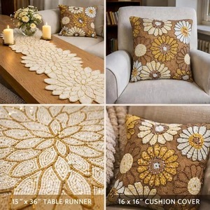 Premium Quality Embroidered Floral Table <b>Runner</b> with <b>Black</b> Gold Design for Dining Room Table and Event Available For Sale - Product Image 6
