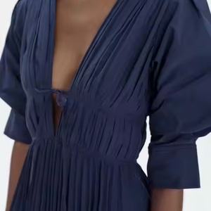 Vestido de Lino de Alta Calidad a Bajo Precio para Mujer, Estilo Elegante para Cena, Sexy, con Escote Profundo en V, Manga Abullonada, Mini Vestido de Verano para Dama - Product Image 2