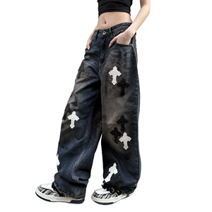 YUANBOFEI <span class=keywords><strong>Jeans</strong></span> Personalizzati da <span class=keywords><strong>Donna</strong></span>, Stile Vintage Lavato con Stampa a Croce Bianca e Nera, Versatili e Super Comodi per lo Streetwear - Product Image 4