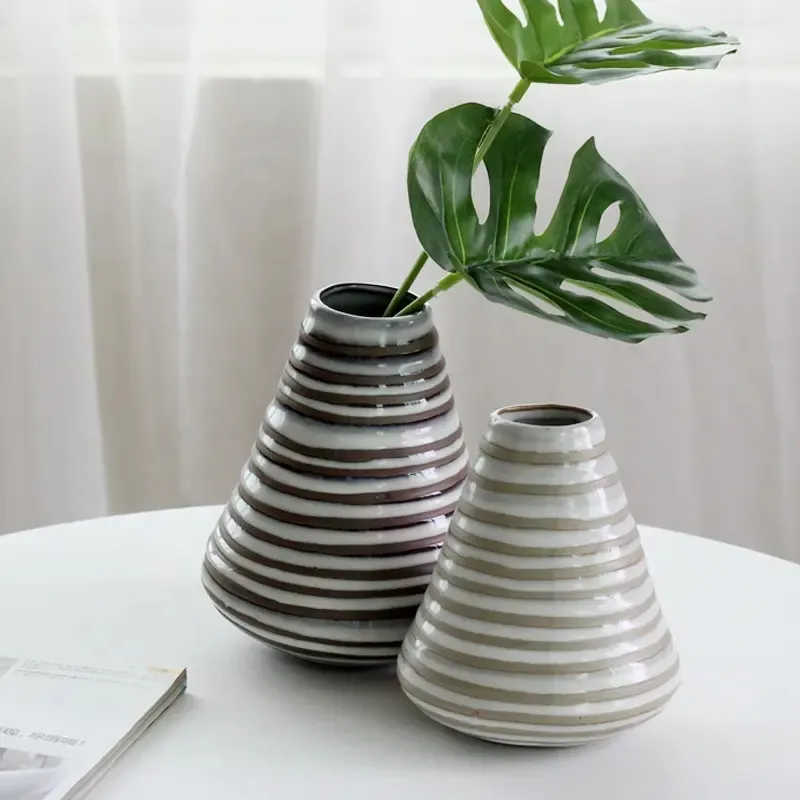 Modern stripes design cone round desktop crafts home decoration porcelain flower vases bud vases ceramic vase