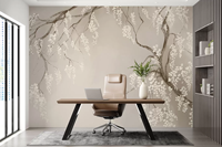 Murale murale en papier peint grand format avec motif de cerisier blanc délicat pour la décoration du salon et de la chambre à coucher