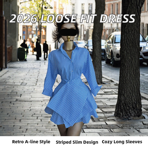 Vestido Camisero Azul a Rayas con Lazo Cruzado, Dobladillo Asimétrico, Manga Larga, Mini Vestido Casual para Primavera - Product Image 2