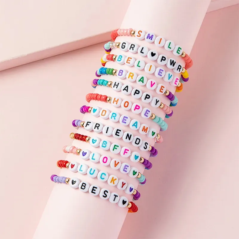 12Pcs Teens Kids Children Colorful Positive Energy Letters Courage Words Candy Color Beaded Name Bracelet