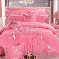 Parure de lit de luxe en coton brodé avec dentelle rose, drap de lit, ensembles de literie de mariage – Vente en gros