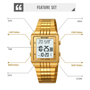 SKMEI 2335 Montre Ultra Fine en Acier Carrée Dorée Personnalisée pour Homme et <span class=keywords><strong>Femme</strong></span>, Montre Cadeau Numérique Étanche avec Chronographe - Product Image 6
