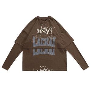 Camiseta de Hombre con Logotipo Personalizado, Camiseta de Manga Larga de Doble Capa, Estilo Urbano, Vintage, Holgada, Lavada al Ácido - Product Image 6