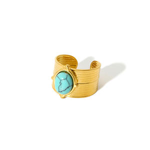 European American <b>Titanium</b> Steel <b>Rings</b> Inlaid Turquoise 18K Gold Plated Colorfast High End Feel Unisex Fashion Jewelry Gift - Product Image 2