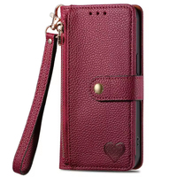 Étui portefeuille en cuir à rabat de luxe avec motif cœur pour iPhone 15, porte-cartes et support pour téléphone portable avec couverture de livre
