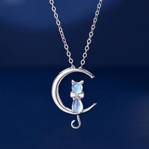 Collar con Colgante de Media <span class=keywords><strong>Luna</strong></span> y Piedra Lunar, Cadena Cruzada de Cobre Plateada en Oro y Plata, con Diseño de Gato Adorable - Product Image 3