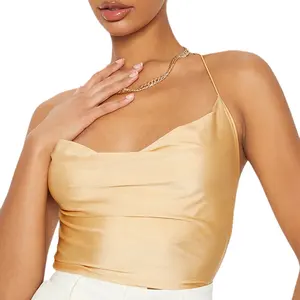 custom oem high quality lady fashion summer female elegant casual plain satin sexy women wholesale cowl neck tank vest crop top