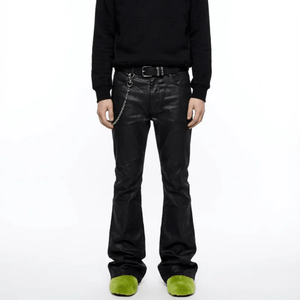 Pantalon en jean évasé streetwear personnalisé avec logo, enduit de cire, pour homme, noir brillant, coupe slim, effet empilé, style bootcut - Product Image 4