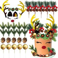 Kit de décoration de gâteau visage de renne, bois de renne doré, poinsettia, pomme de pin, baie, aiguille de pin, fournitures de fête de Noël, décorations de gâteau