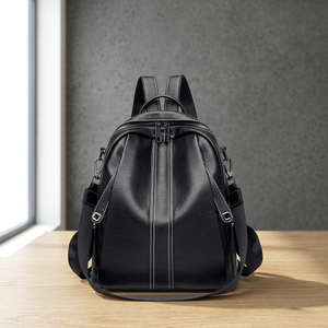 Minimalist Leather Backpack Saffiano Pattern <b>Zip</b> Closure Unisex Daily Use Durable Design Two Shoulder Straps - Product Image 1
