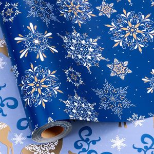 MAYPLUSS Christmas <b>Wrapping</b> <b>Paper</b> 17in X 33ft Navy Blue Snowflake Reversible Gold Reindeer Gift Wrap - Product Image 1