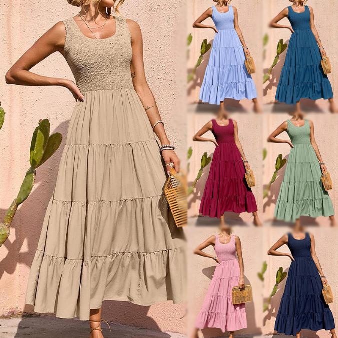 Freizeit kleider plus Größe Damen bekleidung klassisches schwarzes Maxi kleid Sommer ärmelloses Kleid